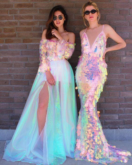 Unique Iridescent Sequins Long Prom Dresses, Slit Evening Dresses
