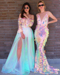 Unique Iridescent Sequins Long Prom Dresses, Slit Evening Dresses
