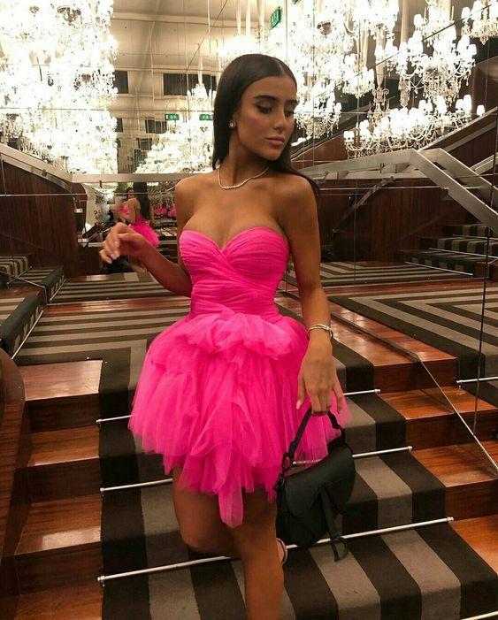 Chic Hot Pink Tulle Short Homecoming Graduation Party Dress
