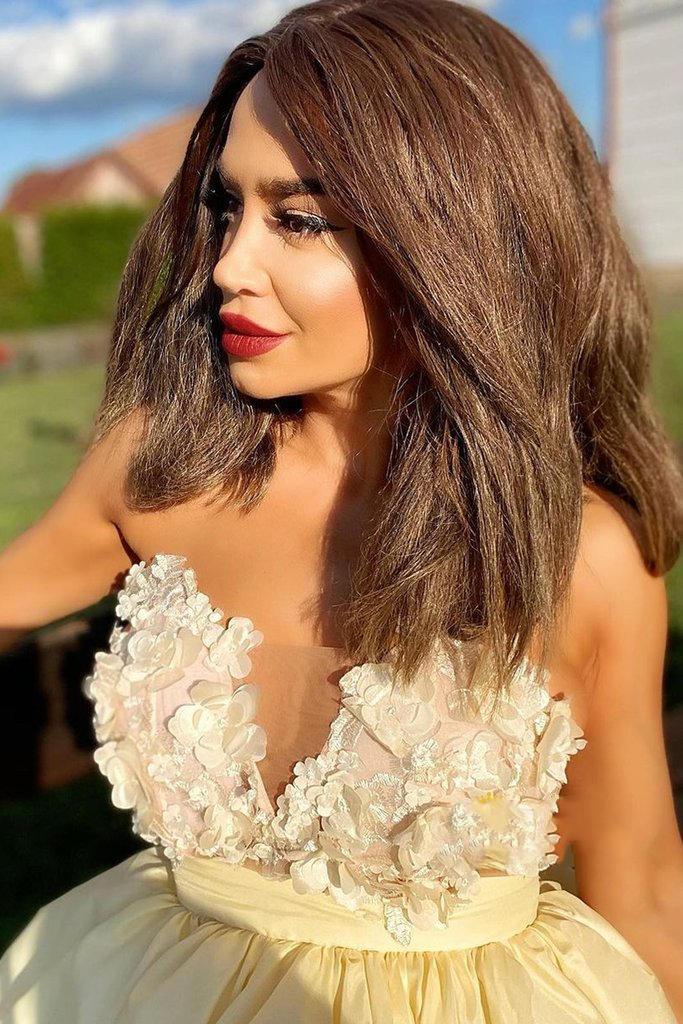 Cute Strapless Yellow Satin Short Homecoming Dress with Flowers