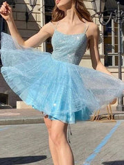A-Line Sleeveless Blue Spaghetti Straps Homecoming Cocktail Dress