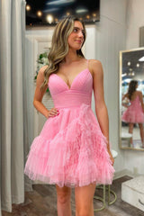 A-Line V-Neck Ruffle-Layers Tulle Pink Homecoming Dresses, Short Party Gown