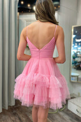 A-Line V-Neck Ruffle-Layers Tulle Pink Homecoming Dresses, Short Party Gown