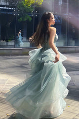 Charming Spaghetti Straps Tulle Dusty Green Long Prom Dress, Glitter Formal Party Dress