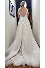 Charming Deep V-Neck Lace Applique Wedding Dress with Train