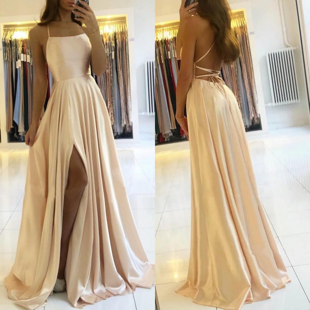 Simple A-Line Long Prom Dresses with Slit, Backless Evening Dress