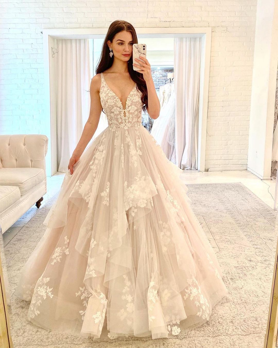 Elegant V-Neck Tulle Prom Dresses, Princess Long Wedding Dresses
