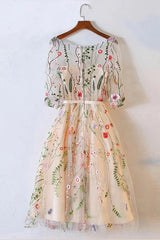 A-Line Half Sleeves Floral Embroidery Homecoming Dress, Knee-Length Party Gown