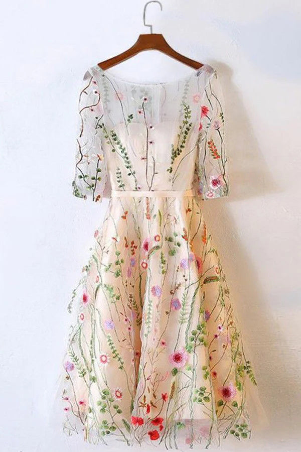 A-Line Half Sleeves Floral Embroidery Homecoming Dress, Knee-Length Party Gown