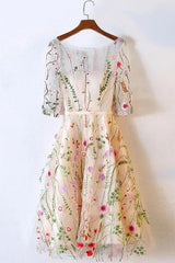 A-Line Half Sleeves Floral Embroidery Homecoming Dress, Knee-Length Party Gown