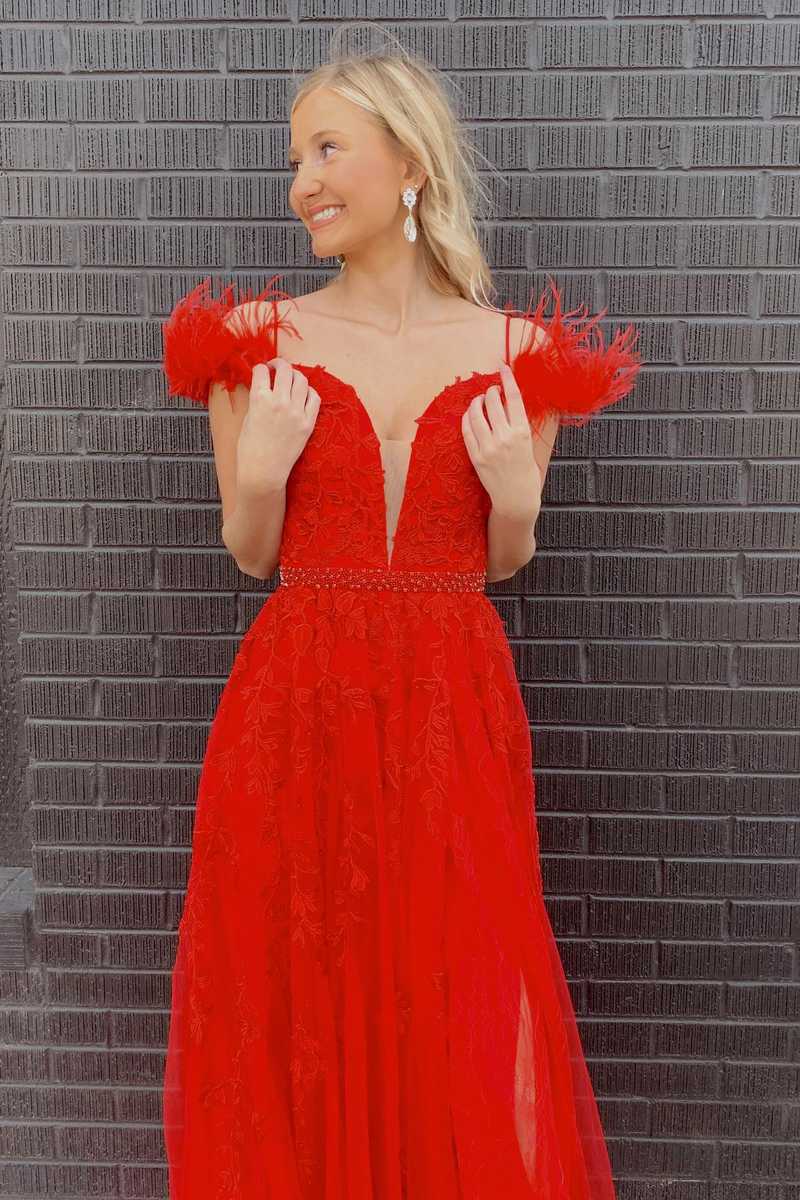 Charming A-Line Red Feather Beaded Long Prom Dress
