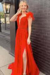 Charming A-Line Red Feather Beaded Long Prom Dress