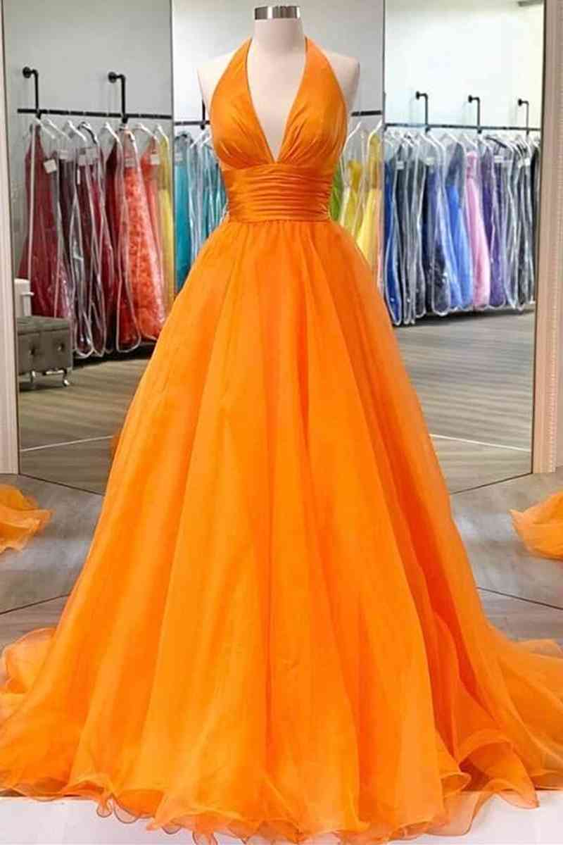 Elegant A-Line Orange Halter Long Prom Dress, Simple Tulle Party Dress