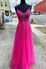 A-Line Straps Neon Pink Beaded Tulle Long Prom Dress