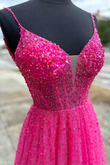 A-Line Straps Neon Pink Beaded Tulle Long Prom Dress