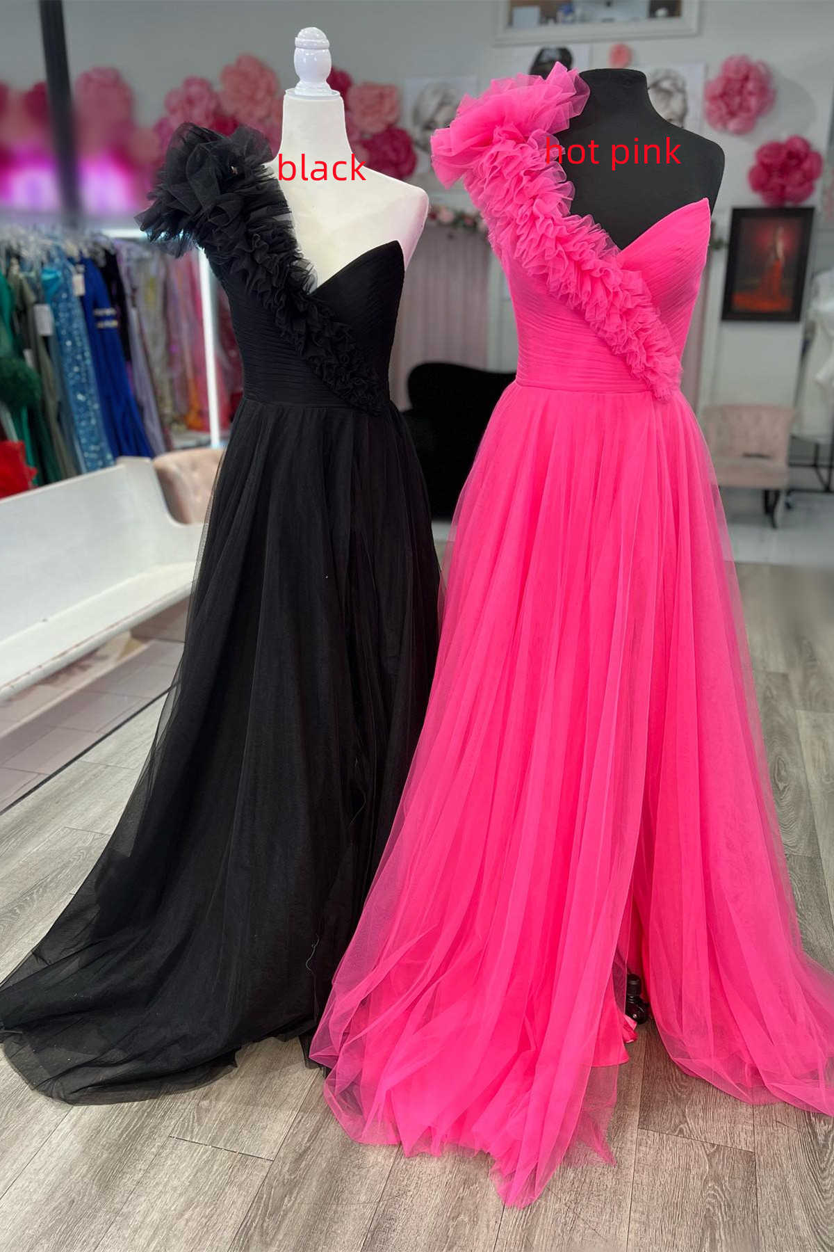 Princess One-Shoulder Ruffled Tulle Prom Dresses, Slit Long Formal Gown