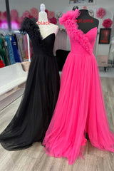 Princess One-Shoulder Ruffled Tulle Prom Dresses, Slit Long Formal Gown