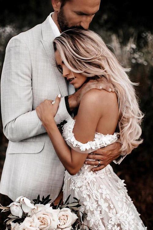 Charm Off-the-Shoulder Lace Applique Beach Rustic Wedding Dress