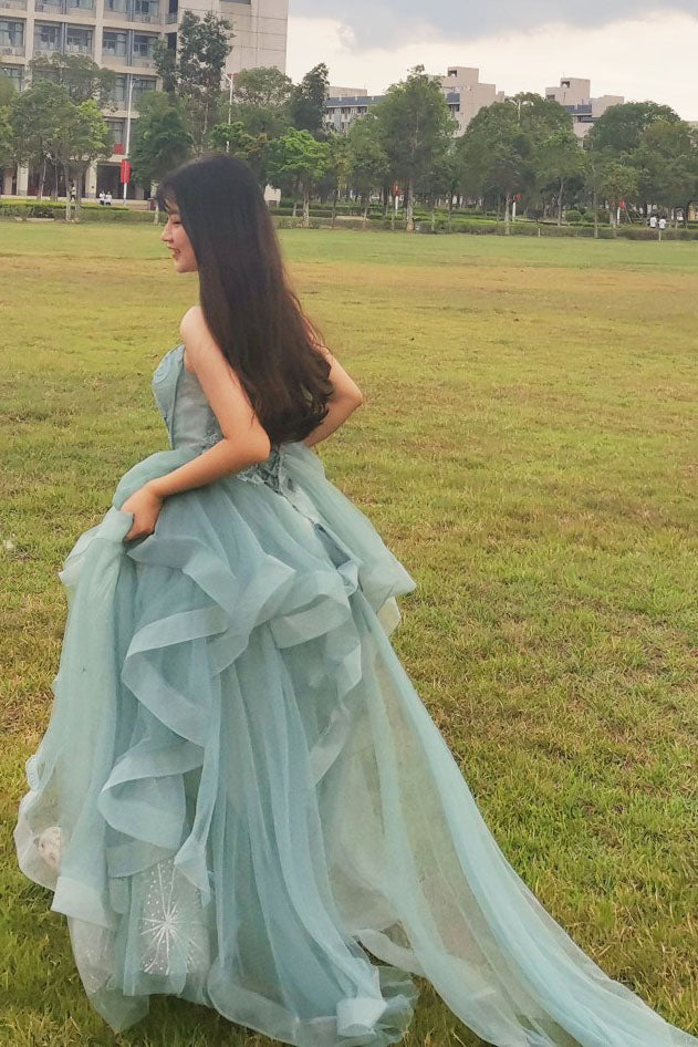 Charming Spaghetti Straps Tulle Dusty Green Long Prom Dress, Glitter Formal Party Dress