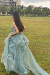 Charming Spaghetti Straps Tulle Dusty Green Long Prom Dress, Glitter Formal Party Dress