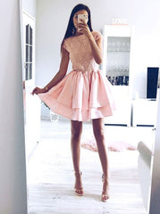 Cute Jewel Lace Short Prom Dresses, Layered Party Dresses