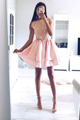 Cute Jewel Lace Short Prom Dresses, Layered Party Dresses