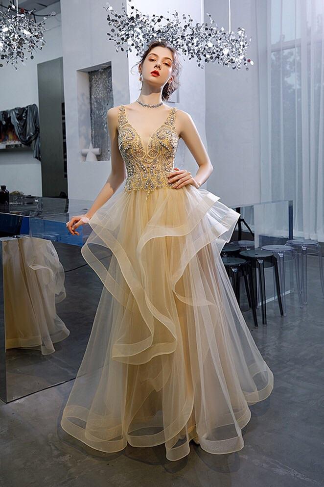 Princess Ruffles Tulle Long Prom Dresses, Beaded Formal Evening Gown