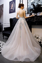 A-Line Tulle Long Prom Dresses, Backless Evening Gown with Appliques