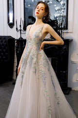 A-Line Tulle Long Prom Dresses, Backless Evening Gown with Appliques