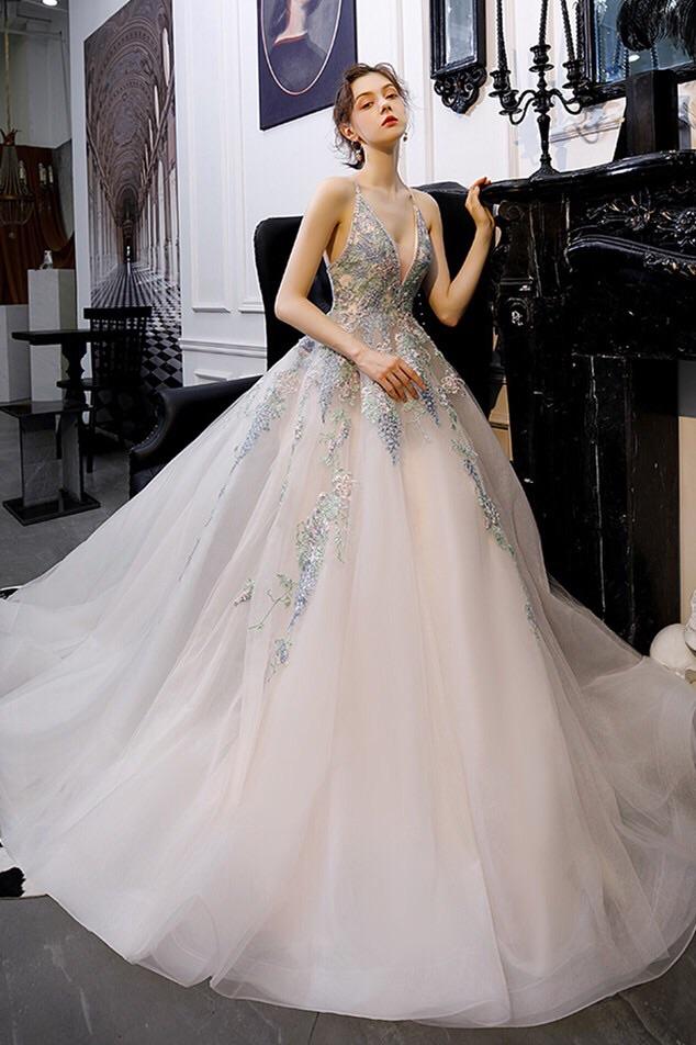 A-Line Tulle Long Prom Dresses, Backless Evening Gown with Appliques