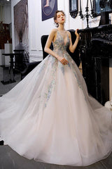 A-Line Tulle Long Prom Dresses, Backless Evening Gown with Appliques