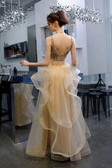 Princess Ruffles Tulle Long Prom Dresses, Beaded Formal Evening Gown