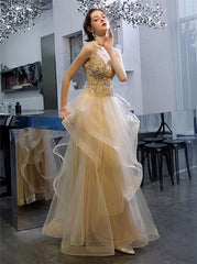 Princess Ruffles Tulle Long Prom Dresses, Beaded Formal Evening Gown