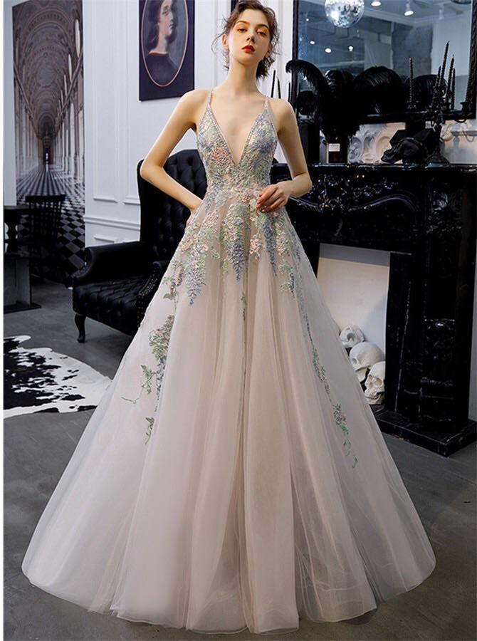 A-Line Tulle Long Prom Dresses, Backless Evening Gown with Appliques