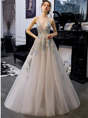 A-Line Tulle Long Prom Dresses, Backless Evening Gown with Appliques