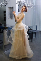 Princess Ruffles Tulle Long Prom Dresses, Beaded Formal Evening Gown