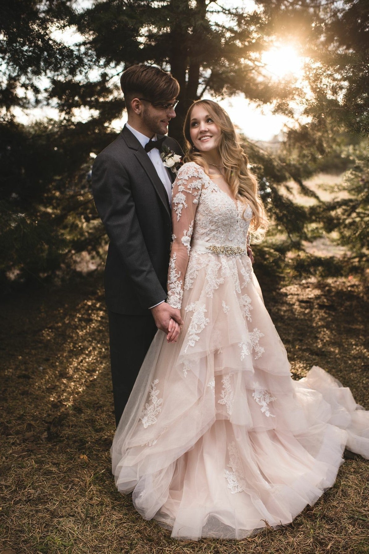 Charming Lace Long Sleeve Tiered Tulle Wedding Dress