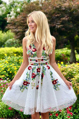A-Line V-Neck Embroidered Lace Short Homecoming Dress