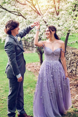 Sky Blue Lace Tulle Long Prom Dresses, Off-the-Shoulder A-Line Formal Gown