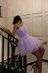 Cute Lavender Strapless Tulle Short Homecoming Dress with Bowknot