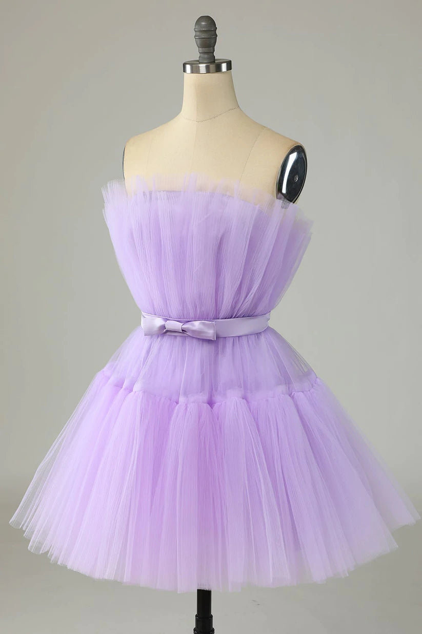 Cute Lavender Strapless Tulle Short Homecoming Dress with Bowknot