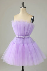Cute Lavender Strapless Tulle Short Homecoming Dress with Bowknot