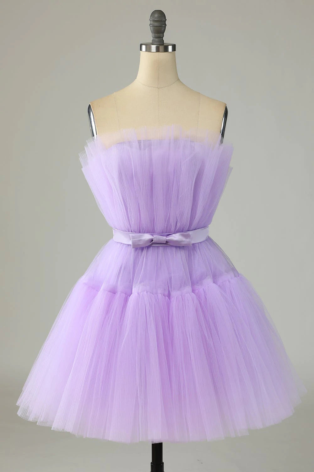 Cute Lavender Strapless Tulle Short Homecoming Dress with Bowknot