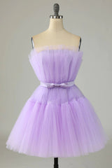 Cute Lavender Strapless Tulle Short Homecoming Dress with Bowknot