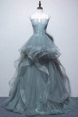 Charming Spaghetti Straps Tulle Dusty Green Long Prom Dress, Glitter Formal Party Dress