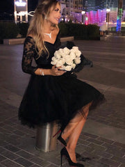 3/4 Sleeve V-Neck Little Black Lace Tulle Homecoming Dress
