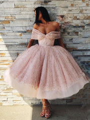 Princess Tea-Length Prom Dresses Off-Shoulder Sparkly Homecoming Dress