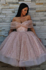 Princess Tea-Length Prom Dresses Off-Shoulder Sparkly Homecoming Dress