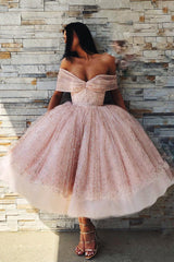 Princess Tea-Length Prom Dresses Off-Shoulder Sparkly Homecoming Dress