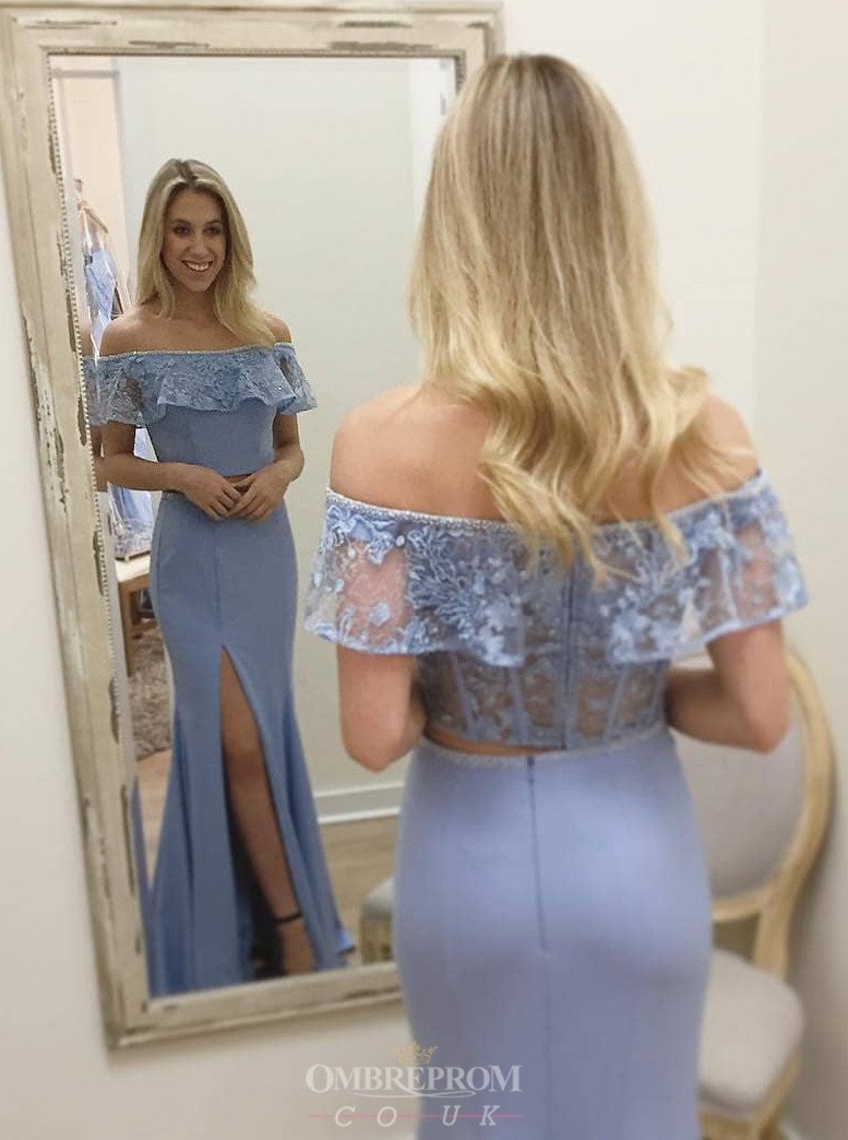 Lace Off-Shoulder Blue Prom Dresses Two Piece Sheath Slit Party Gown